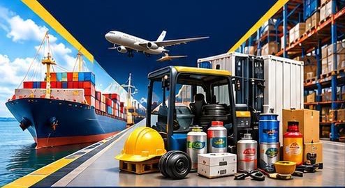 Cargo ship, aircraft, forklift and supplies representing Velocity's supply and logistics services